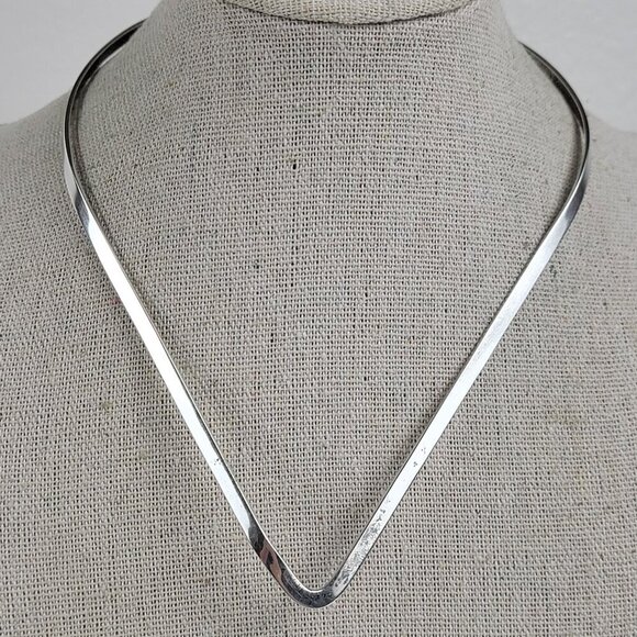 Vintage Sterling Silver Wire Choker Necklace V Shape  Mexico 925 5.5" Drop 14 in - Picture 1 of 5